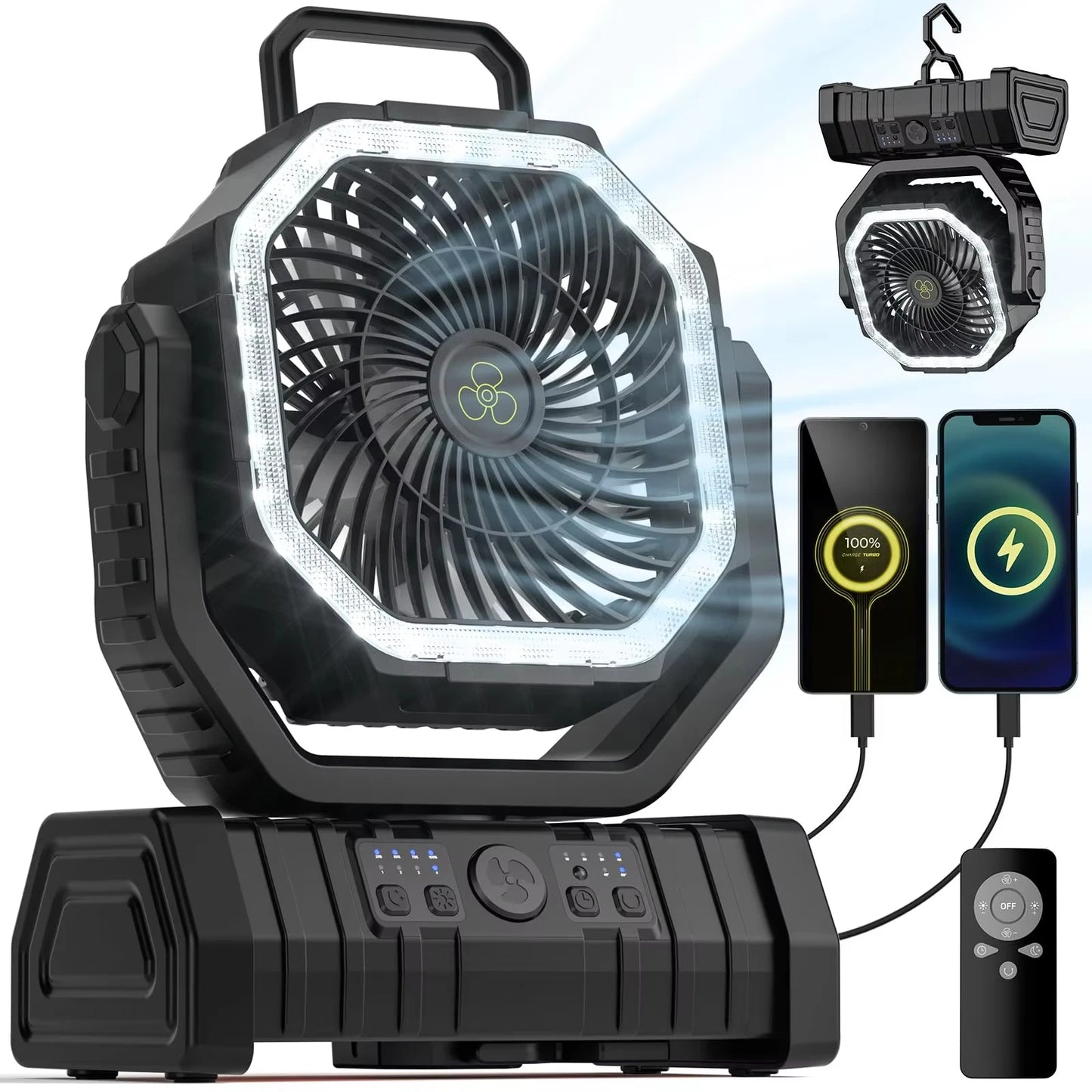 Camping Fan 20000mAh Battery Powered Rechargeable LED Light Tent Fan