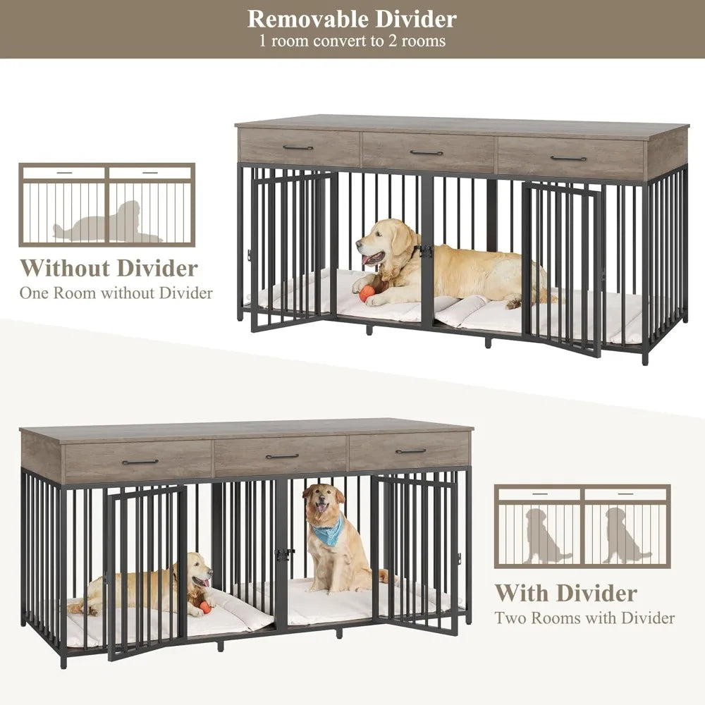 HOSTACK Farmhouse Double Dog Crate With 3 Drawers Kennel
