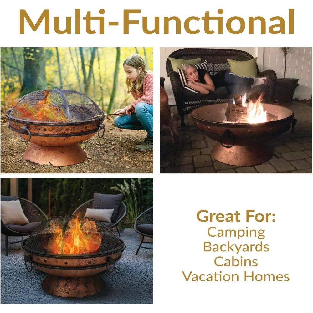 Outdoor Wood Burning Fire Pit With Poker And Screen