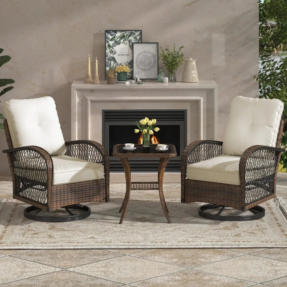 Outdoor 3 Piece Wicker Patio Set With Swivel Rocker Cushions