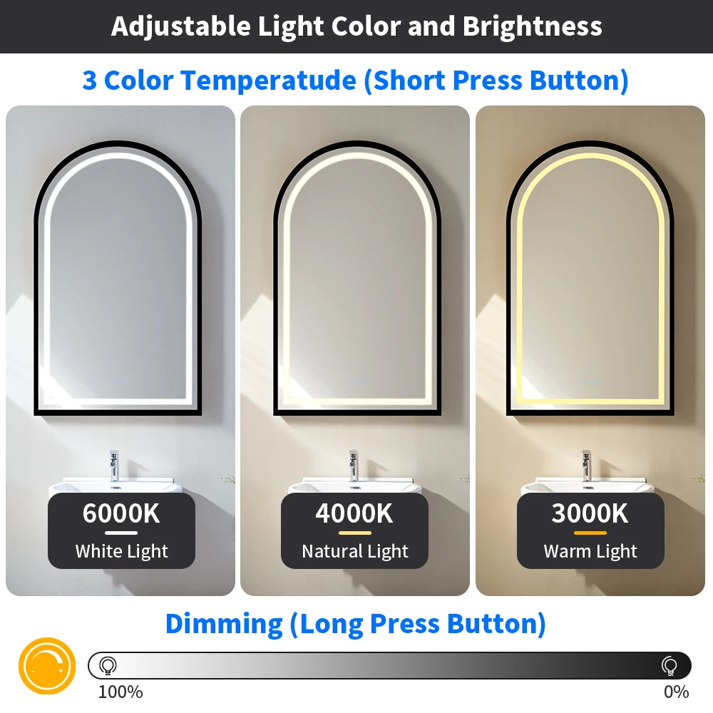 Arched LED Bathroom Mirror Anti Fog Wall Mounted Vanity Lighted