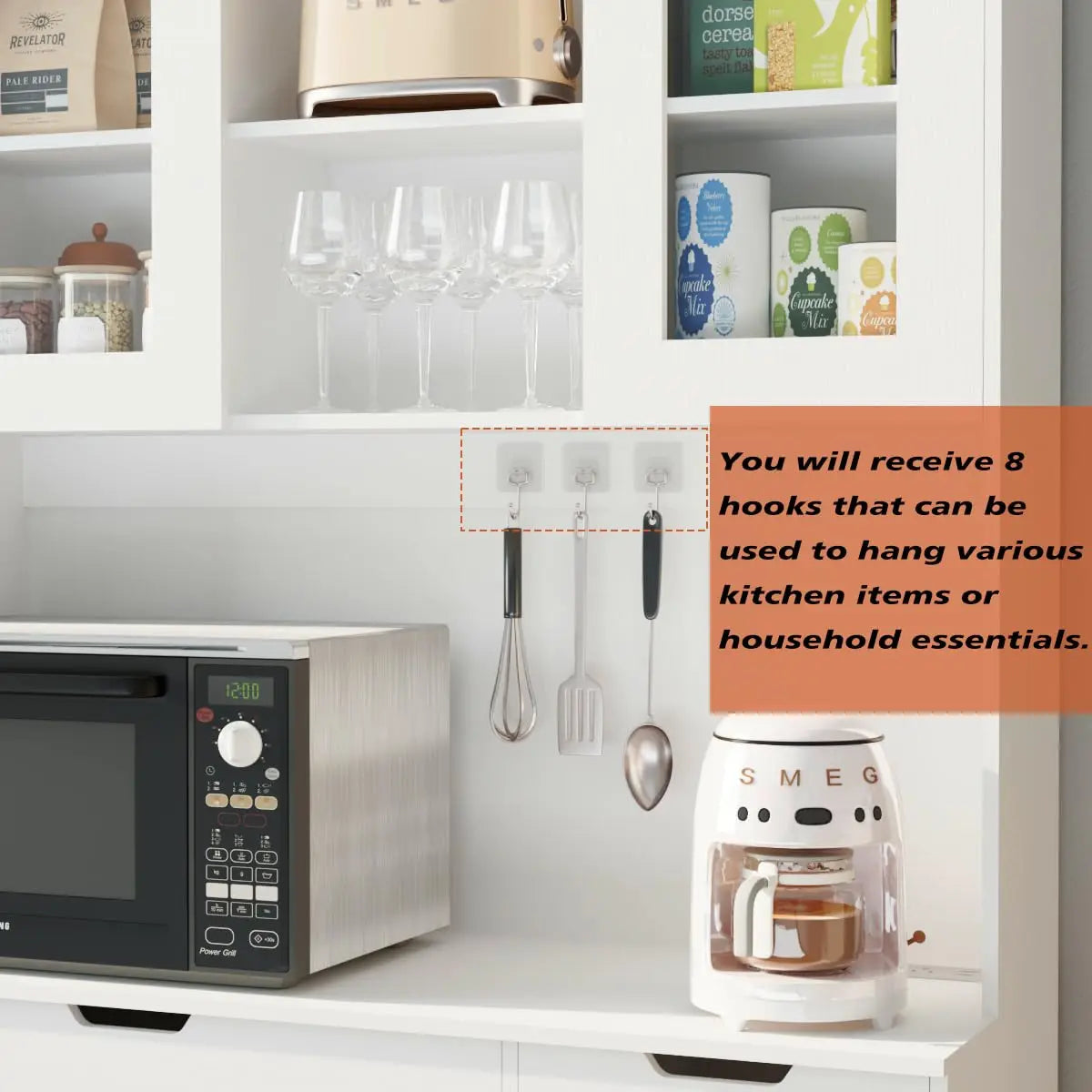 Pantry Cabinet Hutch With Built In Power Outlet And Adjustable Shelves