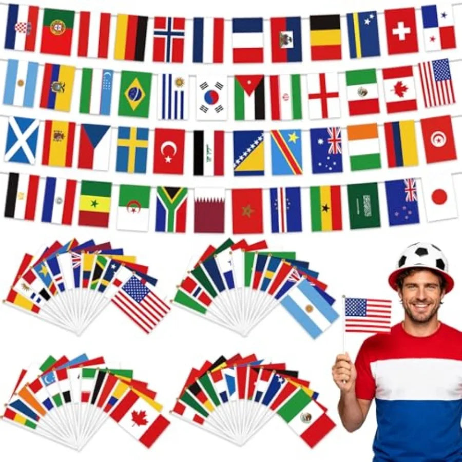 48 Countries Flags On Sticks And Banner For Soccer Party