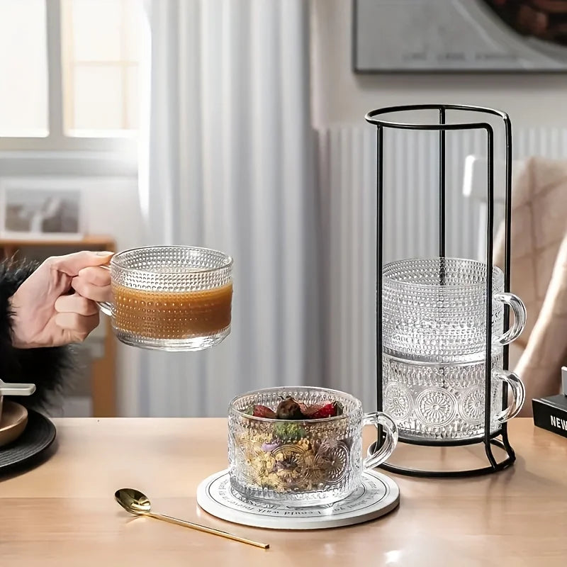 NONEDrinkware Four Piece Glass Cups With Wooden Lids Coffee Set