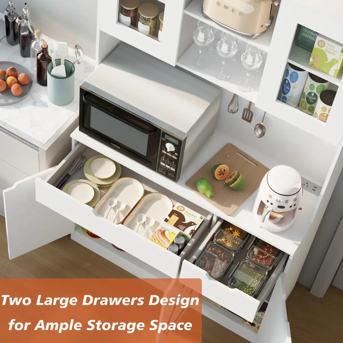 Pantry Cabinet Hutch With Built In Power Outlet And Adjustable Shelves