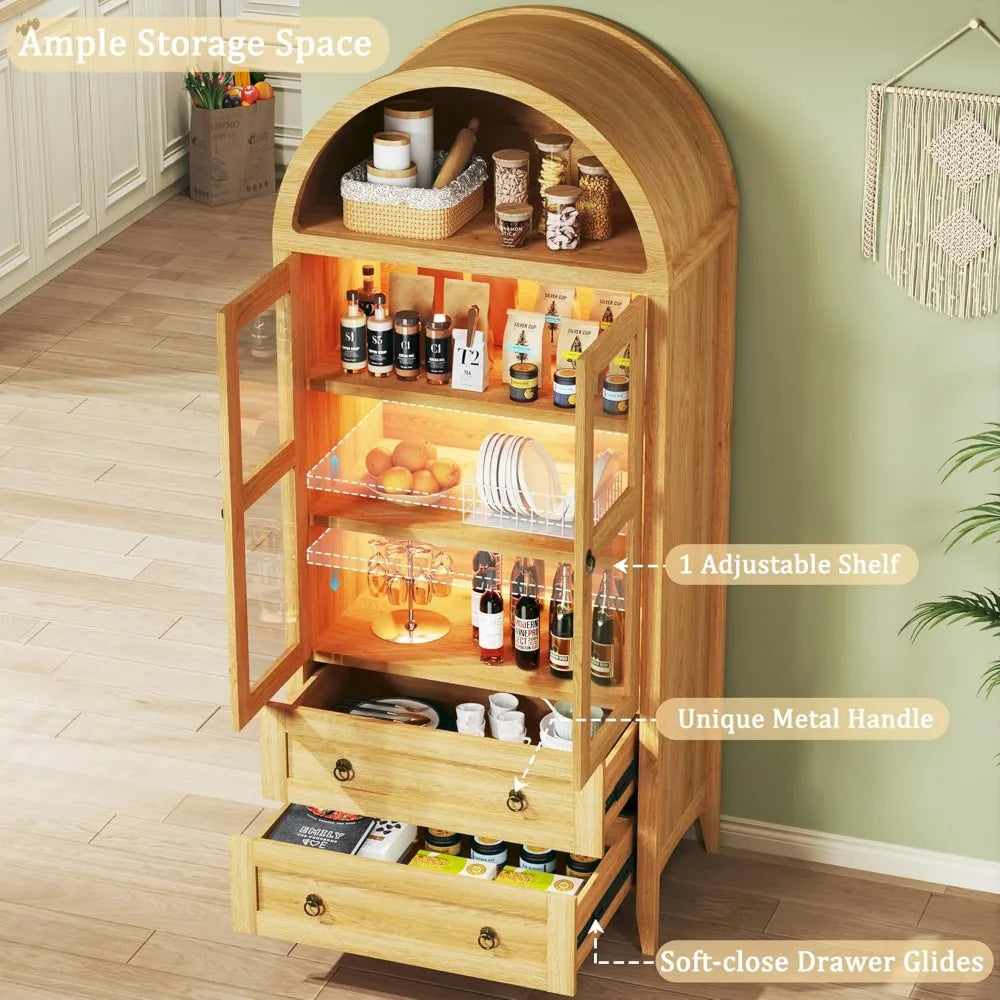 Arched Pantry Cabinet With LED Lights And Adjustable Shelves